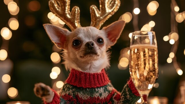Cute small dog wearing holiday sweater and reindeer antlers holding champagne glass with festive bokeh light background