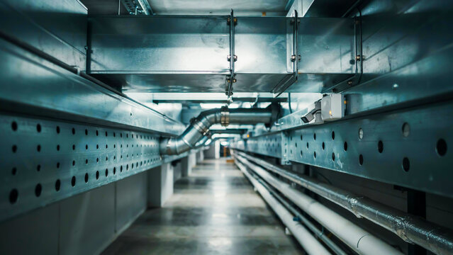 A detailed photograph showcasing complex industrial ventilation ducts and piping systems inside a modern facility