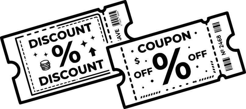 Discount coupon ticket vector, percentage off promo code voucher set, black line art shopping sale offer label icon