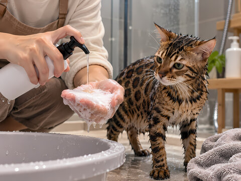 Washing a Bengal Cat with Gentle Soapy Foam
