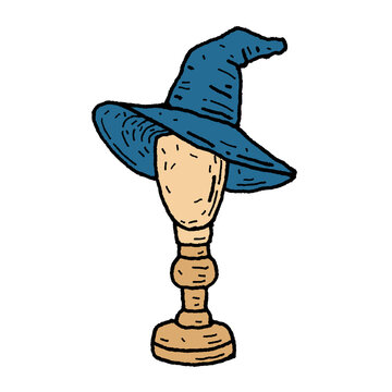 Hand-drawn icon illustration vintage magical witchy blue hat on wooden head mannequin isolated on transparent background for sewing studio, millinery craft, tailor shop, game UI, RPG inventory.