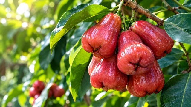 Fresh ripe red rose apples hanging from a branch in a tropical garden