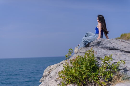 Woman Enjoying Scenic View on Koh Si Chang Island in Chonburi Province