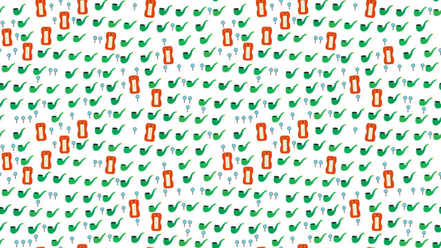 Seamless pattern of green smoking pipes and magnifying glasses