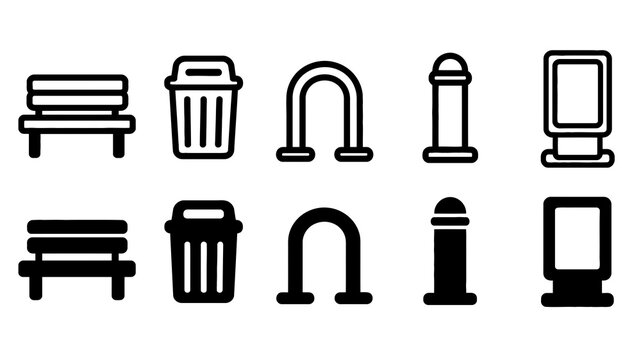 Street Furniture paired outline and solid icon set featuring street, furniture, bench, bin, rack, bollard, kiosk, urban, public and infrastructure symbols
