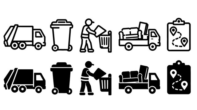 Waste Collection paired outline and solid icon set featuring waste, collection, truck, bin, worker, pickup, route, recycling, environment and sanitation symbols