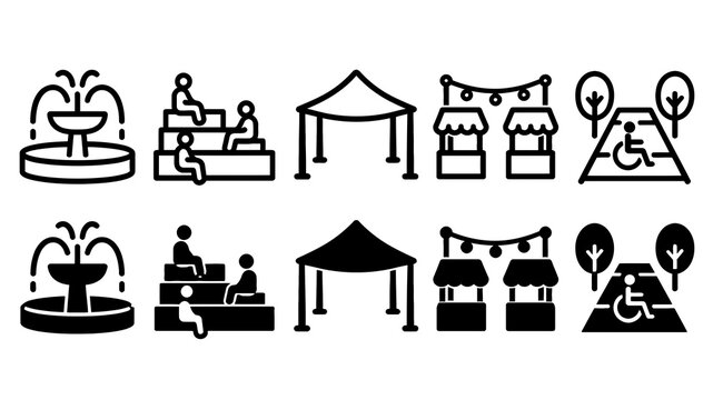 Public Space paired outline and solid icon set featuring public, space, fountain, seating, canopy, market, accessibility, park, urban and community symbols