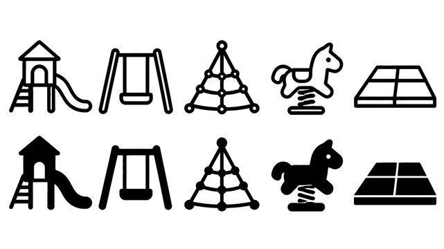 Playground paired outline and solid icon set featuring playground, slide, swing, climbing, horse, mat, children, recreation, park and equipment symbols