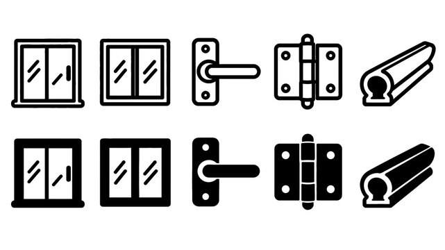 Doors and Windows paired outline and solid icon set featuring doors, windows, frame, handle, hinge, molding, glass, building, construction and installation symbols