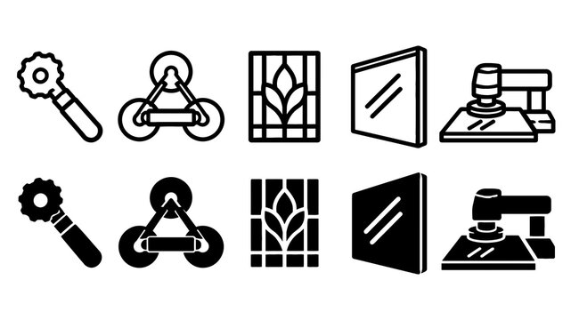Glasswork paired outline and solid icon set featuring glasswork, cutter, compass, stained, panel, polisher, glass, craft, industry and installation symbols