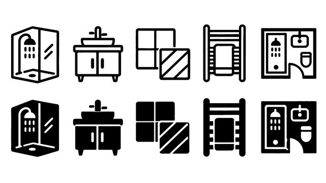 Bathroom Remodeling paired outline and solid icon set featuring bathroom, remodeling, shower, vanity, tile, towel, plumbing, interior, home and renovation symbols