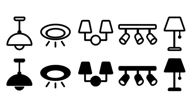 Interior Lighting paired outline and solid icon set featuring interior, lighting, pendant, ceiling, sconce, track, lamp, home, design and fixtures symbols
