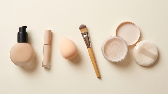Set of makeup foundation bottle concealer sponge brush and powder with puff for beauty skin care routine. beginner makeup guide