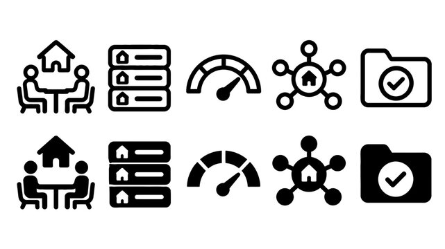 Mortgage Brokerage paired outline and solid icon set featuring mortgage, brokerage, meeting, files, approval, network, folder, home, loan and finance symbols