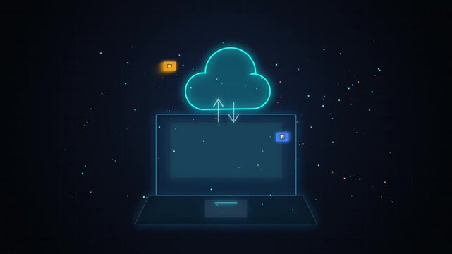 Cloud computing data sync animation: laptop uploading and downloading digital files with glowing neon interface and particle effects