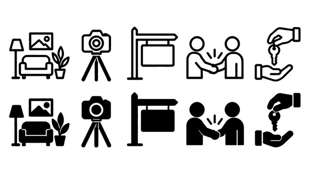 Home Selling paired outline and solid icon set featuring home, selling, interior, camera, sign, handshake, payment, property, realestate and agent symbols