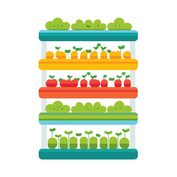 Vertical Farm With Fresh Produce Growing On Shelves