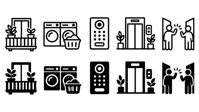 Apartment Living paired outline and solid icon set featuring apartment, living, balcony, laundry, intercom, elevator, neighbors, home, lifestyle and residential symbols