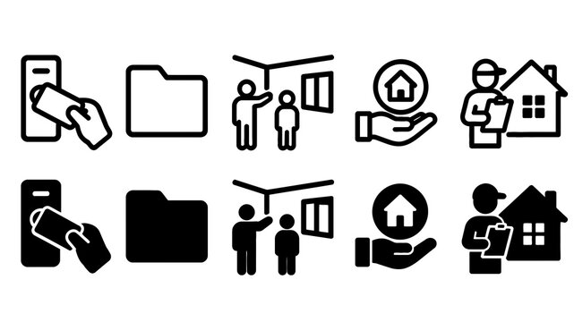 Property Rental paired outline and solid icon set featuring property, rental, phone, folder, viewing, keys, home, tenant, apartment and realestate symbols