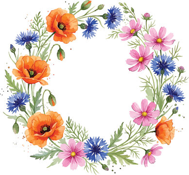 A circular watercolor floral wreath featuring orange poppies pink cosmos and blue cornflowers on a clean white background