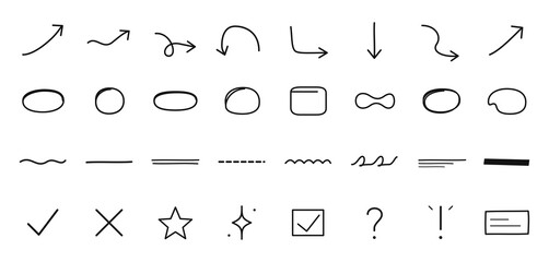 Hand drawn doodle arrows, circles, lines, checkmarks and symbols isolated on transparent background © NURJAHAN