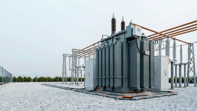 A detailed photograph of a large electrical power transformer inside a modern substation surrounded by gravel and metal structures