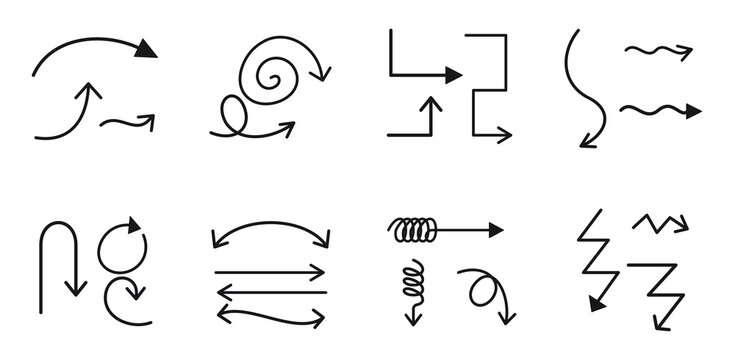 Set of hand drawn arrows, doodle pointers and sketch direction signs isolated on transparent background