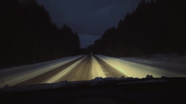 Windshield of car in winter night. POV driving on an asphalt road through a snow-covered forest, car headlights. First-person perspective of driver traveling along a dark rural road. Twilight trip