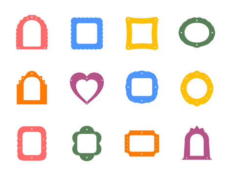 Set of colorful decorative frames and borders in various geometric and organic shapes for photos and design elements isolated on transparent background