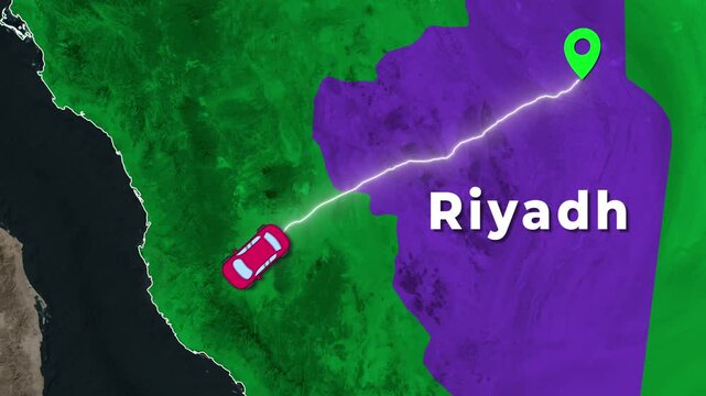 Car Road Trip Route Animation From Riyadh to Jeddah on Saudi Arabia Map