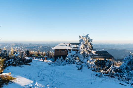 Late winter day on Lysa hora hill in Moravskoslezske Beskydy mountains in Czech republic