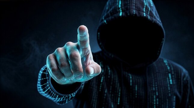 A hooded anonymous hacker pointing forward against a dark background with subtle digital code patterns. Concept for cyber security threats, online identity theft, and network data breaches.