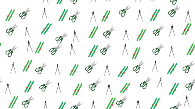 Seamless pattern of scissors, skis, and compasses