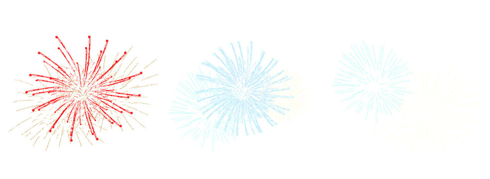 collection of three radiant fireworks bursts in red, pale blue, and gold with fine sparkling lines, suitable for festive layouts, invitations, greeting cards, and celebration graphics.