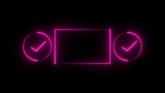 Bright neon pink glowing rectangle frame with two circle icons containing check marks on a dark black background for modern digital interface and web design graphic elements