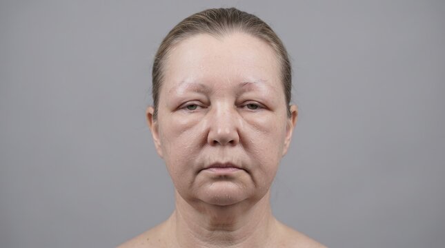 Close up portrait of a woman's face with severe swelling, edema and peeling skin from an allergic reaction