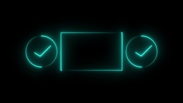 Glowing neon blue rectangular frame with check mark circles on the sides for digital interface design elements isolated on a dark black background for modern tech presentation
