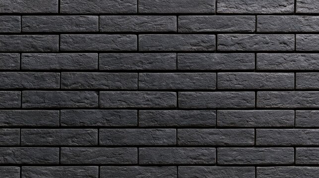 Dark gray brick wall with rough texture and horizontal rectangular shape in a uniform pattern for background use