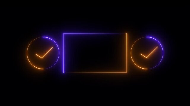 Glowing neon rectangle frame with two check mark circles on the sides featuring bright purple and orange lights isolated on a dark black background for digital interface design