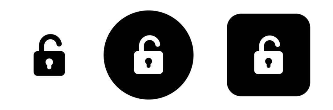 Unlock button icon set with open padlock and unlocked access symbols. Security status icons for account permissions, password settings and digital privacy