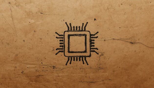 Minimalist cpu chip icon drawn on recycled cardboard texture for tech