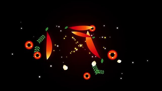 Spicy chili pepper and garlic orbiting motion graphic animation against black background