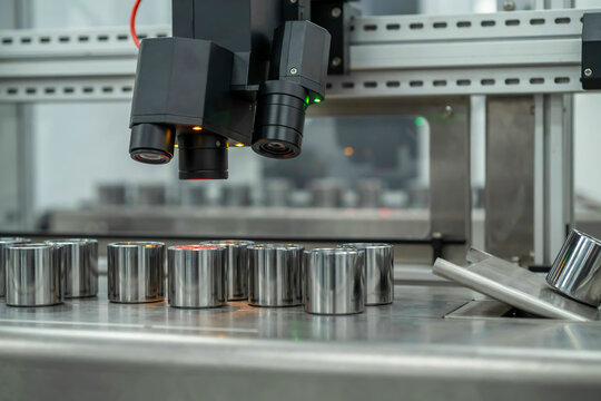 Advanced optical inspection system scanning metal cylindrical parts on a high speed industrial manufacturing production line
