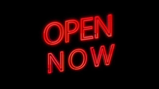 Open Now Red Neon Text Animation with Glowing Sign Effect