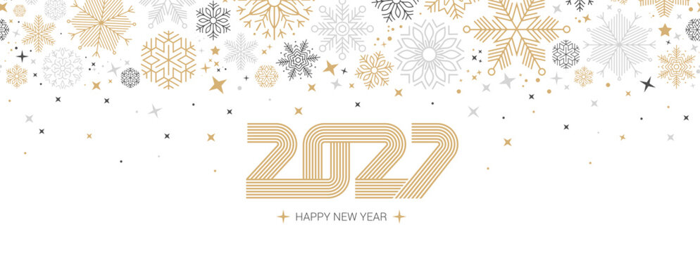 Happy New Year 2027 design, displaying stylized gold parallel-line typography centered beneath a decorative top border of detailed gold and silver snowflakes and twinkling stars