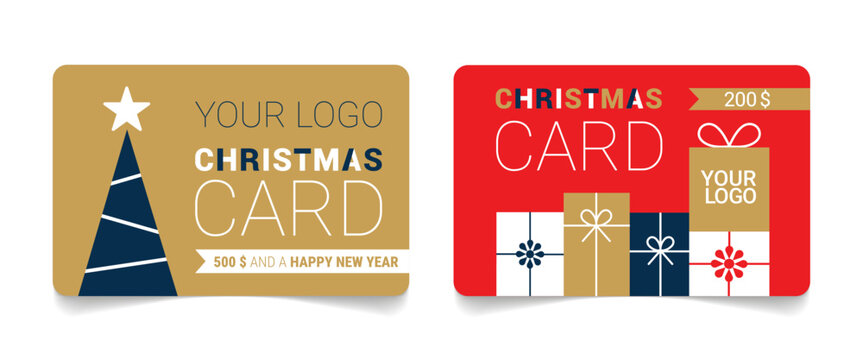 Two modern Vector Christmas gift card designs with rounded corners, including a gold card showcasing a stylized Christmas tree and a red card adorned with stacked gift boxes