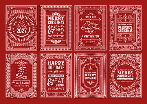 Vector set of eight vintage red and white Christmas card templates featuring ornate line-art borders, flourishes, and classic holiday typography.