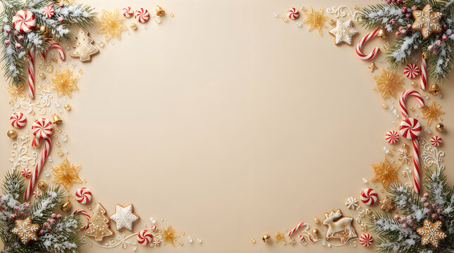 Festive christmas border made of candy canes and pine branches on a light beige background