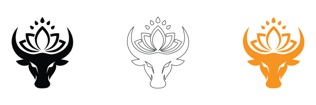 Bull head with lotus flower crown icon set, black outline and orange color taurus cattle spiritual yoga spa emblem mascot logo symbol vector graphic design illustration element