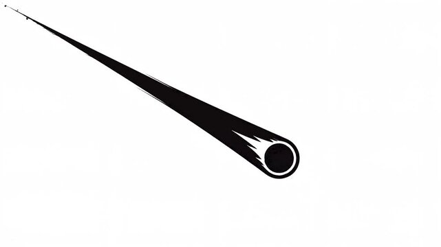 Fast moving black meteor leaving a long trail across stark white background graphic design